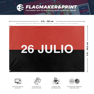 A mockup depicting custom flag specifications and measurements for '26th of July Movement Flag'