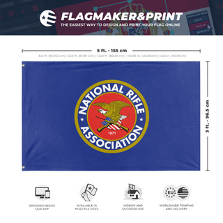 A mockup depicting custom flag specifications and measurements for 'National Rifle Association flag'