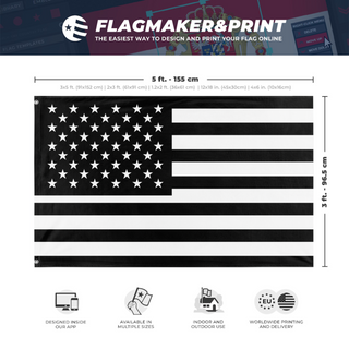 A mockup depicting custom flag specifications and measurements for 'Black United States Flag'