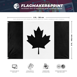 A mockup depicting custom flag specifications and measurements for 'Black Canada Flag'