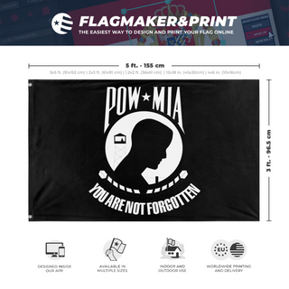 A mockup depicting custom flag specifications and measurements for 'POW-MIA Flag'