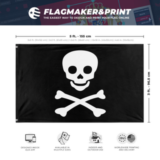 A mockup depicting custom flag specifications and measurements for 'Jolly Roger Flag'