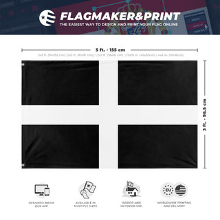 A mockup depicting custom flag specifications and measurements for 'Cornwall Flag'