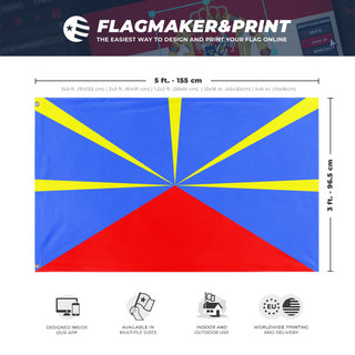 A mockup depicting custom flag specifications and measurements for 'Reunion Island Flag'