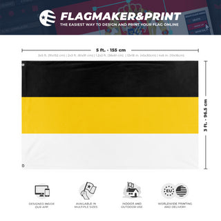 A mockup depicting custom flag specifications and measurements for 'Russian Empire 1858 Flag'