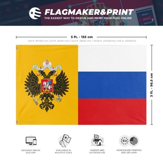 A mockup depicting custom flag specifications and measurements for 'Russian Empire Flag'