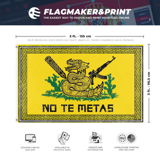 A mockup depicting custom flag specifications and measurements for 'No te METAS  flag'