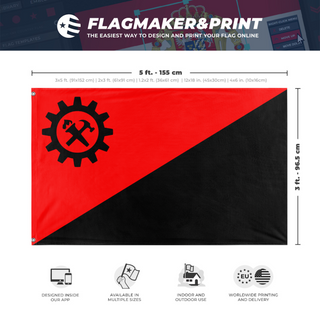 A mockup depicting custom flag specifications and measurements for 'Anarcho-syndicalism  Flag'