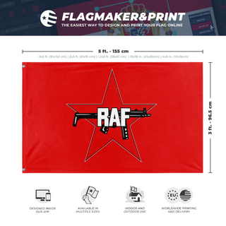 A mockup depicting custom flag specifications and measurements for 'Red Army Faction flag'
