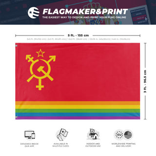 A mockup depicting custom flag specifications and measurements for 'Luxury Gay Space Communism Flag'