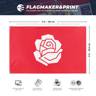 A mockup depicting custom flag specifications and measurements for 'Social Democracy Flag'