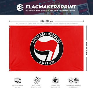 A mockup depicting custom flag specifications and measurements for 'Anti-Fascist Flag'