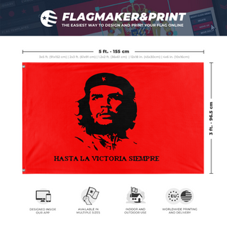 A mockup depicting custom flag specifications and measurements for 'Che Guavara Flag'