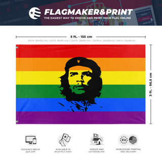 A mockup depicting custom flag specifications and measurements for 'Che Guavara Pride Flag'