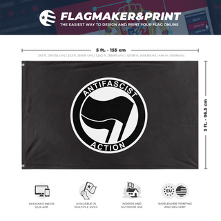 A mockup depicting custom flag specifications and measurements for 'Anti-Fascist Flag'