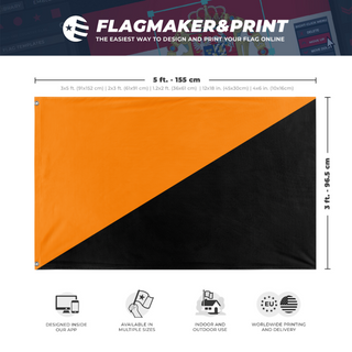 A mockup depicting custom flag specifications and measurements for 'Anarcho Mutualism Flag'