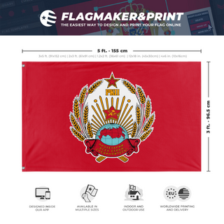 A mockup depicting custom flag specifications and measurements for 'Bolshevik Flag'