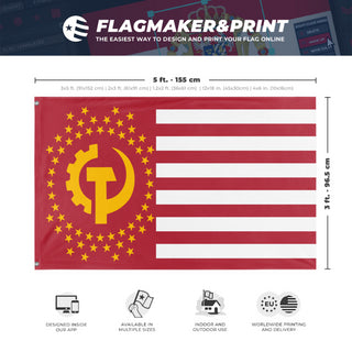 A mockup depicting custom flag specifications and measurements for 'Communist America Flag'