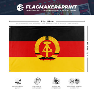 A mockup depicting custom flag specifications and measurements for 'Socialist Germany Flag'