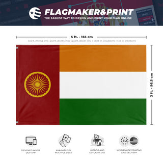 A mockup depicting custom flag specifications and measurements for 'Socialist India Flag'