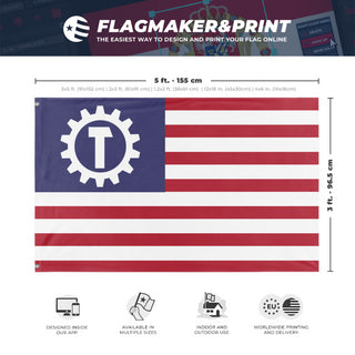 A mockup depicting custom flag specifications and measurements for 'Socialist USA Flag'