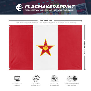 A mockup depicting custom flag specifications and measurements for 'Socialist Canada Flag'