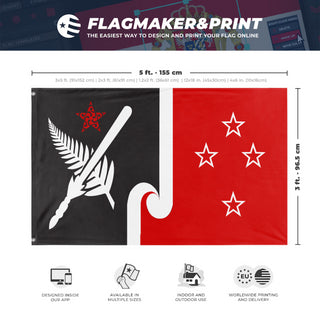 A mockup depicting custom flag specifications and measurements for 'Socialist New Zealand Flag'
