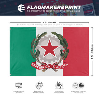 A mockup depicting custom flag specifications and measurements for 'Socialist Italy Flag'