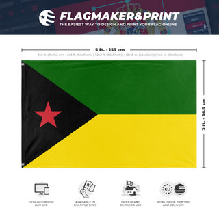 A mockup depicting custom flag specifications and measurements for 'Socialist South Africa Flag'