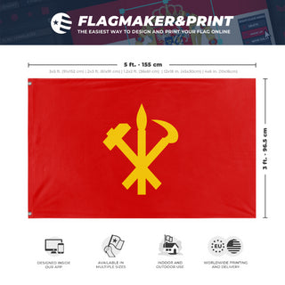 A mockup depicting custom flag specifications and measurements for 'Socialist North Korea Flag'