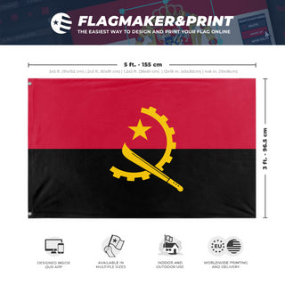 A mockup depicting custom flag specifications and measurements for 'Socialist Angola Flag'