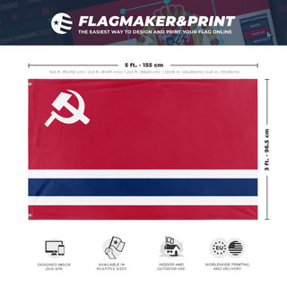 A mockup depicting custom flag specifications and measurements for 'Socialist Norway Flag'