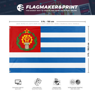 A mockup depicting custom flag specifications and measurements for 'Socialist Greece Flag'