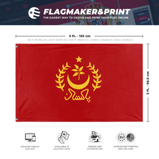 A mockup depicting custom flag specifications and measurements for 'Socialist Pakistan Flag'
