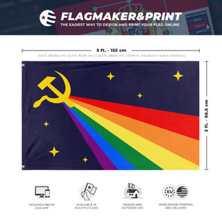 A mockup depicting custom flag specifications and measurements for 'Luxury Gay Space Communism Flag'