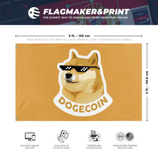 A mockup depicting custom flag specifications and measurements for 'Crypto Doge Flag'