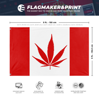 A mockup depicting custom flag specifications and measurements for 'Canada Weed Flag'