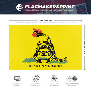 A mockup depicting custom flag specifications and measurements for 'Please Tread On Me Daddy Flag'