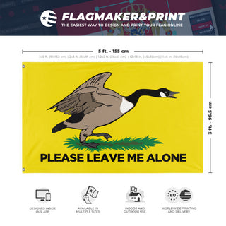 A mockup depicting custom flag specifications and measurements for 'Please Leave me Alone Gadsden Flag'