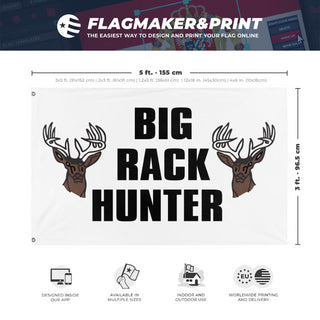 A mockup depicting custom flag specifications and measurements for 'Big Rack Hunter flag'