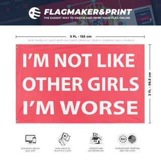 A mockup depicting custom flag specifications and measurements for 'Not Like Other Girls Flag'