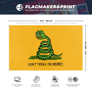 A mockup depicting custom flag specifications and measurements for 'Don't Tread On Memes Flag'