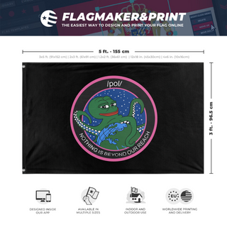 A mockup depicting custom flag specifications and measurements for 'Kekistani /pol/ Flag'