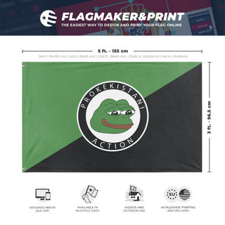 A mockup depicting custom flag specifications and measurements for 'Prokekistani Action flag'