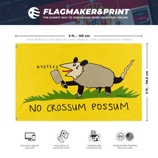 A mockup depicting custom flag specifications and measurements for 'No Crossum The Possum Flag'