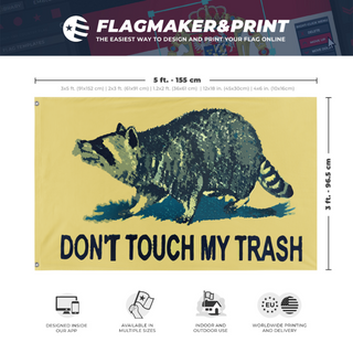 A mockup depicting custom flag specifications and measurements for 'Don't Touch My Trash Flag'
