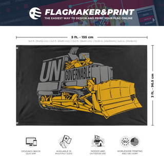 A mockup depicting custom flag specifications and measurements for 'Killdozer Become Ungovernable Flag'