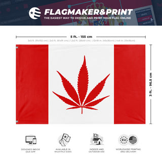 A mockup depicting custom flag specifications and measurements for 'Canada Weed Flag'