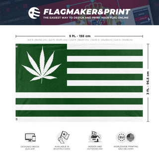 A mockup depicting custom flag specifications and measurements for 'United States Weed Flag'