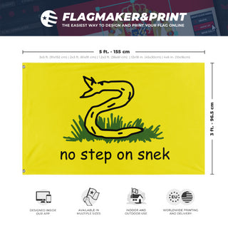 A mockup depicting custom flag specifications and measurements for 'No Step on Snek flag'